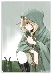  1girl black_footwear blonde_hair blue_eyes boots border closed_mouth cloud cloudy_sky commentary foot_up frown girls_und_panzer green_coat grey_border grey_sky highres holding hone_(honehone083) kay_(girls_und_panzer) long_hair long_sleeves radio rain raincoat sky solo standing twitter_username wet zipper 