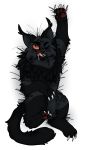  black_body black_fur bodily_fluids claws dawnfang felid feline fur hi_res honeybubblegum licking male mammal pawpads pillow red_eyes saliva simple_background smile teeth tongue tongue_out warriors_(cats) 