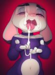  2019 anthro bodily_fluids clothed clothing cum cum_on_face cum_on_hand cum_on_tongue disney doxy female fur genital_fluids grey_body grey_fur half-closed_eyes judy_hopps lagomorph leporid mammal navel open_mouth rabbit solo tight_clothing tongue tongue_out zootopia 