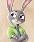  absurd_res ambiguous_gender anthro claws clothed clothing crossed_arms disney front_view fur grey_body grey_fur half-length_portrait hi_res joenso judy_hopps lagomorph leporid looking_away mammal necktie pink_nose portrait purple_eyes rabbit shirt smile solo topwear zootopia 