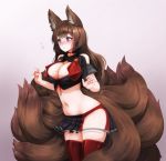  1girl adapted_costume amagi_(azur_lane) amagi_(kantai_collection) amagi_(kantai_collection)_(cosplay) animal_ear_fluff animal_ears azur_lane bangs barbariank bare_shoulders bell bell_choker blunt_bangs blush breasts brown_hair choker commentary cosplay english_commentary eyebrows_visible_through_hair flying_sweatdrops fox_ears fox_tail gradient gradient_background hair_ornament hip_vent jingle_bell kantai_collection large_breasts long_hair multiple_tails namesake navel nose_blush pleated_skirt purple_eyes simple_background skirt solo stomach tail 