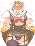  2015 5_fingers anthro barazoku blush bottomwear bulge clothed clothing crossdressing felid fingers flower fluffy front_view fur garter_straps giraffe_(artist) lam-chan legwear male mammal multicolored_body multicolored_fur muscular muscular_male pantherine panties plant ribbons school_uniform simple_background skirt solo stockings striped_body striped_fur stripes tiger tuft underwear uniform upskirt white_background 