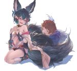  animal_ears backless_outfit bare_shoulders betabeet erune fox_ears fox_girl fox_tail gran_(granblue_fantasy) granblue_fantasy highres japanese_clothes large_tail multiple_tails open_mouth red_eyes seiza short_hair sideless_outfit sitting tail tail_hug you_(granblue_fantasy) 