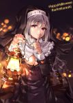  1girl absurdres black_nails blurry blurry_background bokeh breasts cleavage cleavage_cutout cosplay cowboy_shot curly_hair depth_of_field finger_to_mouth habit happy_halloween highres holding_lantern idolmaster idolmaster_cinderella_girls index_finger_raised kanzaki_ranko lantern large_breasts long_hair nail_polish nun outdoors red_eyes silver_hair solo tdnd-96 