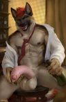  2019 anthro big_penis canid canine canis chunie clothed clothing detailed_background digital_media_(artwork) domestic_dog foreskin foreskin_play fur german_shepherd hair half-erect herding_dog hi_res holding_object humanoid_penis inside licking licking_lips looking_at_viewer male mammal muscular muscular_male navel necktie nipples open_mouth partially_clothed pastoral_dog penis red_hair sitting smile solo tongue tongue_out uncut undressing xasyr 