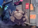  2019 alley alligator alligatorid anthro bad_end bad_ending belly biceps bodily_fluids bulge clothing collar crocodilian crouching darkmor drooling frozen fullbody_suit hi_res long_tongue male marvol musclegut open_mouth overweight peace_signs peacesigns petrifaction reptile ritsukaxan rubber saliva scalie sex_club shaking shivering slightly_chubby spread_legs spreading suit tongue tongue_out 