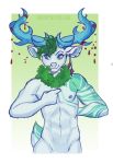  absurd_res anthro antlers blue_antlers blue_eyes cervid cervine digital_media_(artwork) ear_piercing elk fur giaru_(artist) green_hair hair hi_res horn jewelry male mammal nipples nude piercing simple_background smile solo tattoo white_body white_fur 