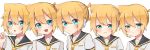  5boys akikan_sabago bass_clef black_collar blonde_hair blue_eyes blush collar commentary expressionless expressions furrowed_eyebrows headphones headset kagamine_len looking_at_viewer male_focus multiple_boys multiple_persona necktie open_mouth parted_lips pout sad sailor_collar school_uniform shirt short_hair short_ponytail short_sleeves smile spiked_hair upper_body v-shaped_eyebrows vocaloid white_shirt yellow_neckwear 