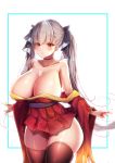  1girl azur_lane bangs bare_hips bare_shoulders black_bow black_choker black_legwear blush bow breasts choker cleavage closed_mouth collar collarbone commentary_request cosplay cowboy_shot eyebrows_visible_through_hair formidable_(azur_lane) geonjeonhannick hair_bow huge_breasts japanese_clothes kimono kimono_pull korean_commentary long_hair long_sleeves looking_at_viewer red_eyes red_kimono short_kimono silver_hair solo taihou_(azur_lane) taihou_(azur_lane)_(cosplay) thighhighs twintails two-tone_background very_long_hair wide_hips wide_sleeves 
