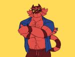  2019 big_pecs body_hair bottomwear chest_hair claws clothed clothing crossed_arms eyewear fangs happy_trail incineroar kiba24 looking_at_viewer male muscular nintendo open_shirt pants pecs pok&eacute;mon pok&eacute;mon_(species) portrait shirt simple_background smile solo sunglasses three-quarter_portrait topwear video_games yellow_background 