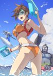  1girl 2boys :d armor ass backpack bag beach bikini breasts brown_eyes brown_hair clash_kuro_neko cyborg day dual_wielding genji_(overwatch) glasses goggles gorilla highres holding innertube katana looking_at_viewer looking_back medium_breasts multiple_boys open_mouth orange_bikini outdoors overwatch short_hair sky smile surfing swimsuit sword tracer_(overwatch) twisted_torso wading water_gun weapon winston_(overwatch) 