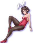  1girl alternate_costume animal_ears bare_shoulders black_hair breasts bunnysuit covered_navel fake_animal_ears farne_(sennen_sensou_aigis) fishnet_legwear fishnets full_body glasses high_heels highres leotard medium_breasts purple_eyes red-framed_eyewear red_footwear red_leotard red_neckwear sennen_sensou_aigis short_hair solo white_background wristband yo-jin 