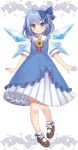  1girl adapted_costume ahoge bangs bellflower beni_kurage black_footwear blue_bow blue_dress blue_eyes blue_hair blush bobby_socks bow cirno commentary dress eyebrows_visible_through_hair flower flower_border frilled_bow frilled_shirt_collar frills full_body grin hair_bow highres ice ice_wings lace lace_sleeves lolita_fashion looking_at_viewer mary_janes petticoat red_neckwear red_ribbon ribbon sailor_dress see-through_sleeves shoes short_hair short_sleeves simple_background smile socks solo standing striped sunflower touhou vertical_stripes white_background white_legwear wings 