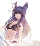  1girl :d animal_ears bangs bare_arms bare_shoulders black_bra black_panties bra breasts cleavage collarbone commentary_request cowboy_shot erune eyebrows_visible_through_hair fang granblue_fantasy hair_ornament highres leaf_hair_ornament long_hair looking_at_viewer medium_breasts navel open_mouth panties purple_eyes purple_hair see-through sidelocks simple_background smile solo stomach underwear underwear_only very_long_hair white_background yuel_(granblue_fantasy) yuyu_(piko01) 