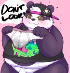  alp_(tas) belly blush bodily_fluids bottomless clothed clothing english_text fupa giant_panda hat headgear headwear hi_res kusosensei male mammal overweight penis penis_base sweat text tighty_whities tokyo_afterschool_summoners ursid video_games 