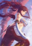  1girl :o bandages bangs bare_shoulders blue_sky breasts cherry_blossoms cleavage commentary_request dual_wielding erza_scarlet fairy_tail falling_petals from_below high_ponytail holding holding_sword holding_weapon long_hair midriff mitsu_(mitsu_art) navel open_mouth pants ponytail purple_eyes red_hair revealing_clothes sarashi sideboob sidelocks sky swimsuit sword tattoo torii underboob weapon 