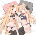  2girls abigail_williams_(fate/grand_order) absurdres animal_ears aqua_eyes ass bangs bare_shoulders bell bell_choker black_bow black_bra black_gloves black_legwear black_panties blonde_hair blue_eyes blush bow bra breasts cat_cutout cat_ear_panties cat_ears cat_lingerie cat_tail choker cleavage_cutout closed_mouth collarbone fate/grand_order fate_(series) forehead frilled_bra frills gloves hair_bow highres jingle_bell kamu_(geeenius) long_hair looking_at_viewer lord_el-melloi_ii_case_files lying meme_attire multiple_girls navel on_side orange_bow panties parted_bangs paw_pose pillow reines_el-melloi_archisorte small_breasts smile tail thighhighs thighs underwear 