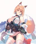  1girl animal_ears black_panties brown_gloves cameltoe closed_mouth fox_ears fox_tail gloves gun holding holding_gun holding_weapon medium_hair orange_eyes orange_hair original panties pink_legwear sawaya_(mizukazu) simple_background solo tail thighhighs underwear weapon white_background 