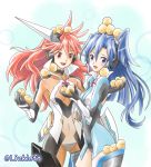  2girls amou_kanade blue_eyes blue_hair blush bodysuit breasts cleavage commentary_request gloves headphones kazanari_tsubasa link_(aa30) long_hair multiple_girls navel one_side_up open_mouth red_eyes red_hair senki_zesshou_symphogear smile 