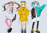  3girls absurdres alternate_costume aqua_hair bag bakemonogatari bangs black_footwear blonde_hair brown_hair bunny_ornament choker doughnut doughnut_print drawdream1025 earbuds earbuds_around_neck earphones earpiece eyebrows_visible_through_hair fang fingers_together food goggles goggles_on_head green_eyes hachikuji_mayoi hand_in_pocket headband highres hood hooded_sweater leg_warmers long_hair long_sleeves monogatari_(series) multiple_girls ononoki_yotsugi oshino_shinobu pants pink_legwear red_eyes smile sportswear star sweater sweater_vest track_pants v yellow_eyes yellow_footwear zipper_skirt 