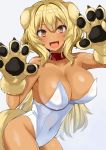  1girl :d animal_ears bare_shoulders blonde_hair breasts cleavage collar covered_navel cowboy_shot dark_skin fangs floppy_ears gloves gomashi_(goma) hands_up highleg highleg_leotard highres large_breasts leotard long_hair looking_at_viewer open_mouth orange_eyes original paw_gloves paws simple_background smile solo standing tail thighs very_long_hair white_background white_leotard 