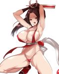  1girl akire_zz armpits arms_behind_head breasts brown_hair cleavage closed_fan fan fatal_fury folding_fan high_ponytail highres large_breasts long_hair navel ninja pelvic_curtain ponytail revealing_clothes shiranui_mai squatting sweat the_king_of_fighters thighs 