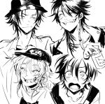  4boys amemura_ramuda arisugawa_dice baseball_cap beer_can bucket_hat can candy casual food greyscale grin hat highres hypnosis_mic jacket lollipop male_focus mole mole_under_eye mole_under_mouth monochrome multiple_boys open_mouth sidelocks simple_background smile white_background yamada_jirou yamada_saburou yousuke_(yosk) 