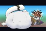  2019 anthro belly big_belly big_breasts blizzie breasts clothing feathered_headdress feathers felid female female_pred headdress headgear headwear leopard mammal oral_vore overweight overweight_female pantherine simple_background snow_leopard touchofsnow vore 