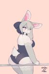  2019 accessory anthro blush bunny_costume butt choker clothing costume digital_media_(artwork) electrycpynk female fur grey_body grey_fur grey_hair hair hair_accessory hair_ribbon hi_res jewelry lagomorph leporid mammal multicolored_body multicolored_fur necklace open_mouth pink_eyes rabbit rear_view ribbons signature simple_background solo white_body white_fur 
