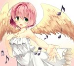  1girl bare_shoulders dress eighth_note eyebrows_visible_through_hair feathered_wings gradient gradient_background green_eyes harpy_(puyopuyo) musical_note open_mouth pink_hair puyopuyo reimin solo white_dress wings 