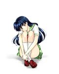  1girl blue_hair blush brown_eyes closed_mouth collared_shirt daytodaydesire floating_hair full_body green_sailor_collar green_skirt head_tilt higurashi_kagome inuyasha kneehighs leg_hug loafers long_hair looking_at_viewer miniskirt neckerchief pleated_skirt red_footwear red_neckwear sailor_collar sailor_shirt school_uniform serafuku shiny shiny_hair shirt shoes short_sleeves simple_background sitting skirt solo straight_hair very_long_hair white_background white_legwear white_shirt 