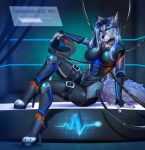  2019 aimi anthro blue_hair breasts canid canine canis clothed clothing digital_media_(artwork) eyebrows eyelashes female fingers hair hi_res looking_at_viewer mammal sitting solo toes wolf 