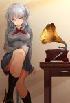  1girl black_legwear blue_eyes breasts commentary_request dress_shirt grey_shirt grey_skirt highres kantai_collection kashima_(kantai_collection) kneehighs kumanoko large_breasts long_sleeves miniskirt neckerchief phonograph pleated_skirt red_neckwear shirt sidelocks silver_hair sitting skirt solo table twintails wavy_hair 