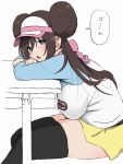  1girl alternate_breast_size black_legwear blue_eyes bow breasts brown_hair desk double_bun highres keeboo129 large_breasts long_hair looking_at_viewer mei_(pokemon) on_desk open_mouth partially_colored pink_bow pokemon pokemon_(game) pokemon_bw2 raglan_sleeves resting school_desk short_shorts shorts simple_background sitting sitting_on_desk skindentation thighhighs twintails very_long_hair visor_cap white_background yellow_shorts 