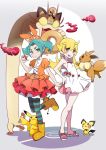  2girls aqua_hair bakemonogatari bangs bare_legs bare_shoulders blonde_hair boots closed_mouth dedenne doughnut dress eevee food frown gesugesu_ahoaho green_eyes hand_on_hip hat headwear long_hair meowth monogatari_(series) multiple_girls ononoki_yotsugi open_mouth orange_dress orange_headwear oshino_shinobu parted_bangs pichu pikachu poke_ball pokemon pokemon_(game) pokemon_swsh ribbon rubber_boots sandals short_sleeves simple_background smoke standing standing_on_one_leg striped striped_legwear tail twintails v white_dress white_ribbon yellow_eyes yellow_footwear 