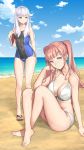  2girls absurdres alba barefoot beach bikini blue_sky book breasts cleavage closed_mouth cloud covered_navel day fire_emblem fire_emblem:_three_houses highres hilda_valentine_goneril holding holding_book knees_up large_breasts long_hair lysithea_von_ordelia multiple_girls one-piece_swimsuit outdoors pink_eyes pink_hair sandals sitting sky smile swimsuit twintails water white_bikini white_hair 