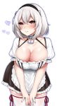  1girl apron azur_lane bangs bent_over blush breasts brown_eyes cleavage closed_mouth collar collarbone cowboy_shot crossed_bangs detached_collar dress eyebrows_visible_through_hair frilled_collar frills hair_between_eyes hairband highres kakino_nashiko lace-trimmed_hairband large_breasts lips looking_up maid puffy_short_sleeves puffy_sleeves ribbon-trimmed_legwear ribbon_trim short_dress short_hair short_sleeves silver_hair simple_background sirius_(azur_lane) solo thighhighs thighs waist_apron white_background white_legwear zettai_ryouiki 