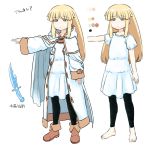  1girl amnesia_(idea_factory) blonde_hair blue_eyes cape character_request character_sheet color_guide commentary_request dagger eyebrows_visible_through_hair fantasy hood hood_down long_hair robe tsukudani_(coke-buta) weapon white_background 