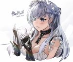  1girl azur_lane bangs bare_shoulders belfast_(azur_lane) blue_eyes blush braid breasts chain character_name cleavage collar collarbone dated elbow_gloves eyebrows_visible_through_hair french_braid gauntlets gloves holding_notebook large_breasts long_hair maid maid_headdress open_mouth side_braid sidelocks silver_hair simple_background smile snowru solo white_background white_gloves 