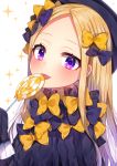  1girl abigail_williams_(fate/grand_order) akirannu black_bow black_dress black_headwear blonde_hair blush bow candy commentary_request dress fate/grand_order fate_(series) food forehead hair_bow hat highres holding holding_food holding_lollipop licking lollipop long_hair long_sleeves looking_at_viewer multiple_bows multiple_hair_bows orange_bow polka_dot polka_dot_bow purple_eyes sleeves_past_fingers sleeves_past_wrists solo sparkle swirl_lollipop tongue tongue_out upper_body white_background 
