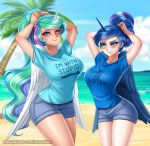  2019 5_fingers alternate_species beach blue_eyes blue_hair blush bottomwear clothed clothing cloud digital_media_(artwork) duo english_text eyelashes eyeshadow feathered_wings feathers female fingers friendship_is_magic hair horn horned_humanoid hotpants humanoid humanoidized long_hair makeup multicolored_hair my_little_pony not_furry outside palm_tree princess_celestia_(mlp) princess_luna_(mlp) purple_eyes racoon-kun seaside shirt shorts sibling sister sisters sky smile text topwear tree url winged_humanoid wings 