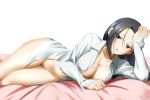  1girl absurdres alfred_cullado alternate_hairstyle areolae banned_artist bed_sheet black_eyes black_hair boku_no_hero_academia bottomless breasts cleavage collarbone collared_shirt dress_shirt hair_between_eyes hair_down highres long_hair looking_at_viewer lying medium_breasts naked_shirt navel on_side open_mouth shiny shiny_hair shirt solo straight_hair transparent_background white_shirt wing_collar yaoyorozu_momo 