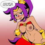  2019 barely_visible_genitalia barely_visible_pussy blue_eyes blush bodily_fluids breasts brown_body brown_skin clothing dialogue ear_piercing ear_ring english_text female genie hair humanoid humanoid_pointy_ears long_hair nipples not_furry piercing ponytail purple_hair pussy shameful-display shantae shantae_(series) solo speech_bubble sweat text video_games wayforward 