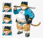  2019 anthro belly blush bulge clothing domestic_cat felid feline felis hat headgear headwear hi_res humanoid_hands male mammal navel nikiciy overweight overweight_male pink_nose pubes shirt simple_background solo tongue tongue_out topwear underwear white_background 
