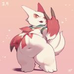  anthro belly bottomless clothed clothing featureless_crotch front_view gesture looking_at_viewer mammal navel nintendo pink_sclera pok&eacute;mon pok&eacute;mon_(species) razy school_uniform signature simple_background slightly_chubby slit_pupils solo standing thick_thighs uniform video_games zangoose 
