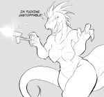  2019 3_fingers anthro breasts dialogue dinosaur female fingers grey_background gun koopacap monochrome muscular muscular_female navel nude open_mouth pussy ranged_weapon reptile scalie sharp_teeth shooting simple_background solo teeth theropod thick_thighs tyrannosaurid tyrannosaurus tyrannosaurus_rex weapon 