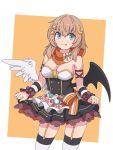 1girl :q angel_wings black_wings blue_eyes breasts brown_hair candy chocolate cleavage crescent crescent_hair_ornament demon_wings dress fnc_(girls_frontline) food garter_straps girls_frontline hair_ornament halloween halloween_costume kitkat licking_lips long_hair medium_breasts mismatched_wings skirt_hold solo star star_hair_ornament strapless strapless_dress tab_(tabkun) thighhighs tongue tongue_out white_legwear white_wings wings 