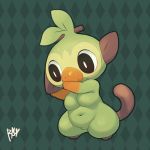  4_fingers breasts digital_media_(artwork) female fingers flora_fauna fur grookey hair mammal navel nintendo plant pok&eacute;mon pok&eacute;mon_(species) primate razy short_stack signature simple_background slightly_chubby smile starter_trio thick_thighs video_games 