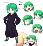  2girls amnesia_(idea_factory) blush character_request character_sheet cheek_pull color_guide crying ear_blush expressions eyebrows_visible_through_hair fang green_eyes green_hair hands_on_hips multiple_girls pointy_ears robe short_hair smirk tsukudani_(coke-buta) white_background 