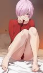  1girl barefoot blush breasts closed_mouth fate/grand_order fate_(series) feet hair_over_one_eye highres knees_up large_breasts lavender_hair legs leotard long_sleeves looking_at_viewer mash_kyrielight purple_eyes red_leotard short_hair sitting smile solo toes turtleneck_leotard yang-do 